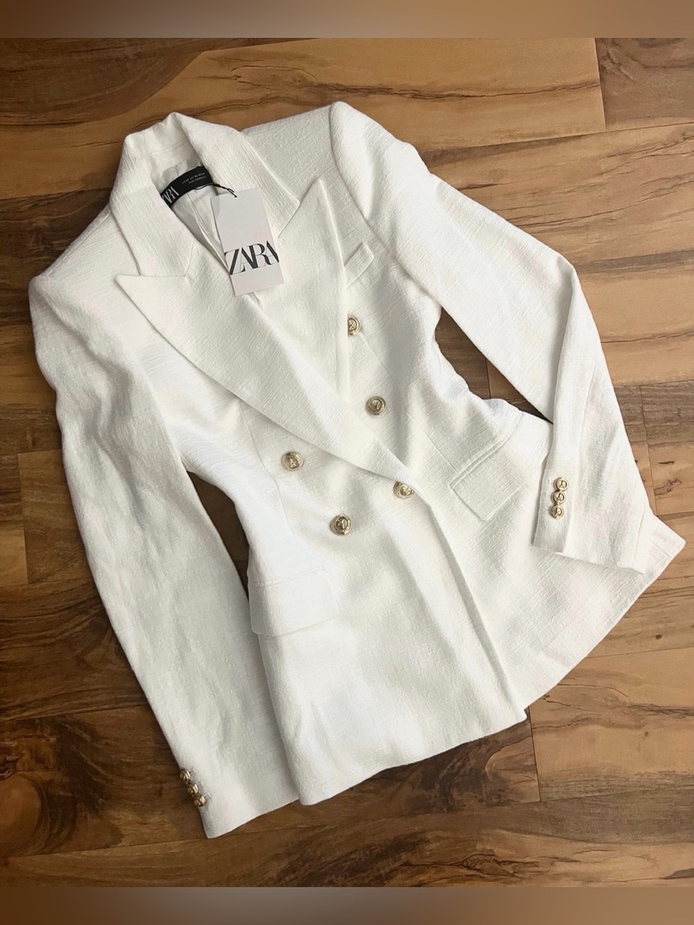 Zara White Double-Breasted Textured Blazer with Gold Buttons